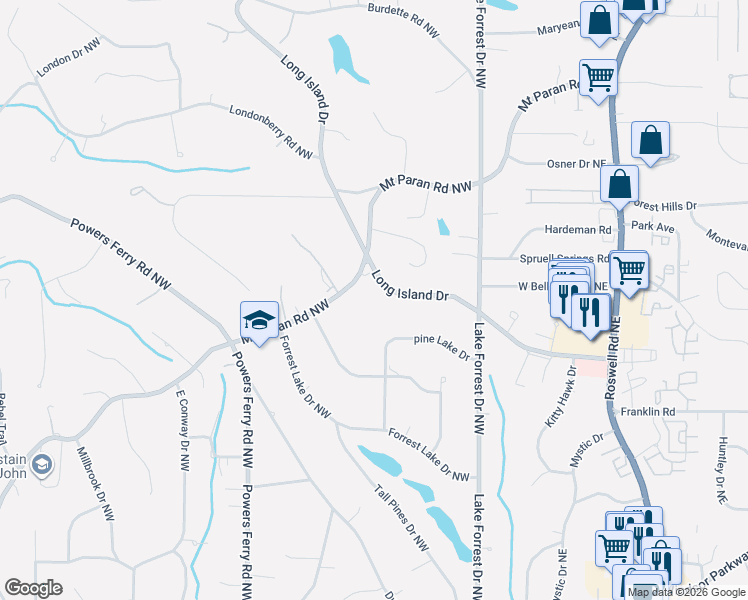 map of restaurants, bars, coffee shops, grocery stores, and more near 4994 Long Island Drive in Atlanta
