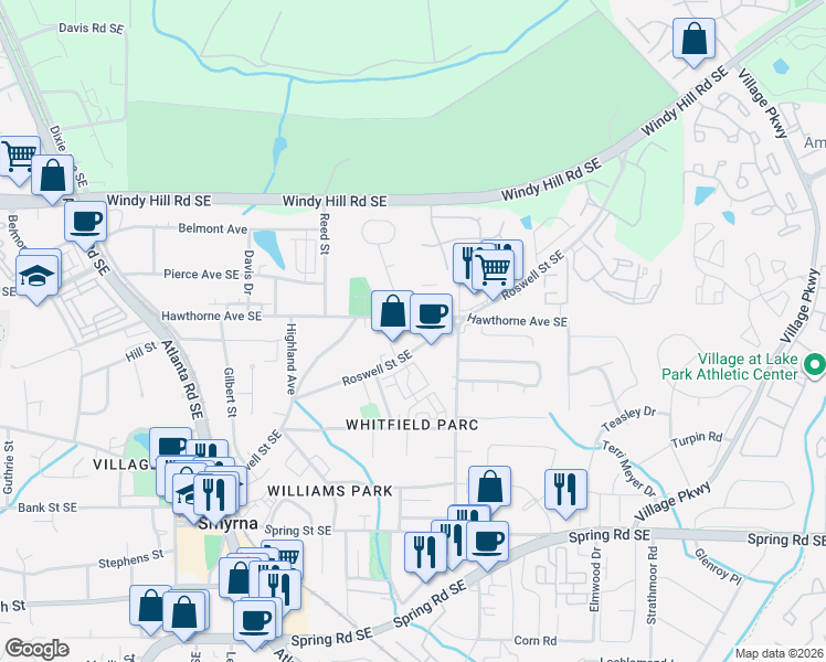 map of restaurants, bars, coffee shops, grocery stores, and more near 1549 Roswell Street in Smyrna