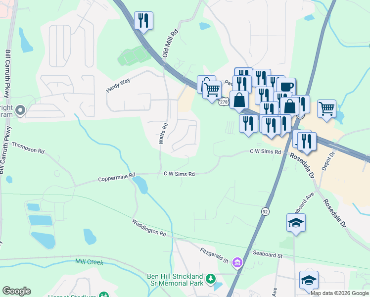 map of restaurants, bars, coffee shops, grocery stores, and more near 307 Venture Path in Hiram