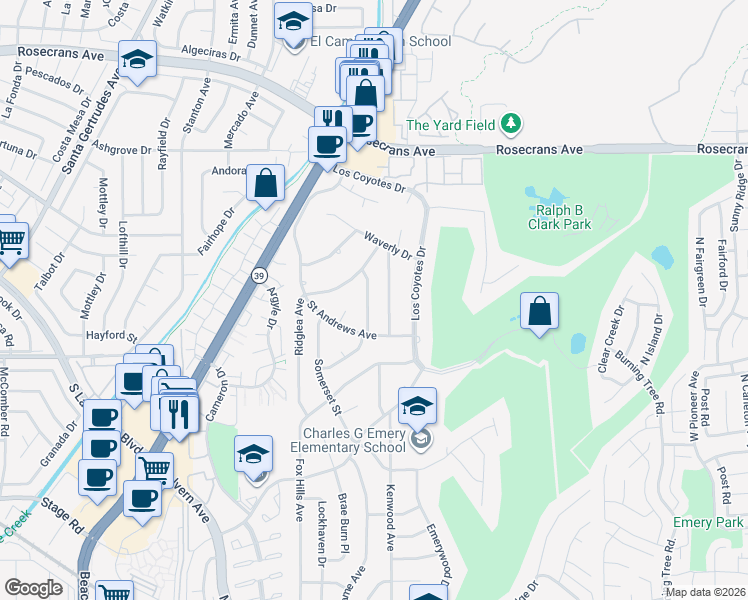 map of restaurants, bars, coffee shops, grocery stores, and more near 4840 Sunnybrook Avenue in Buena Park