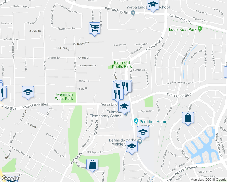 map of restaurants, bars, coffee shops, grocery stores, and more near 4846 Aliano Plaza in Yorba Linda