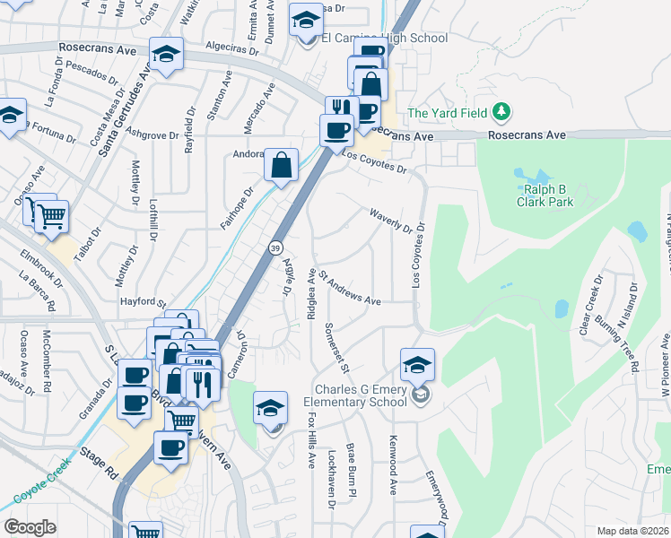 map of restaurants, bars, coffee shops, grocery stores, and more near 4901 Somerset Street in Buena Park