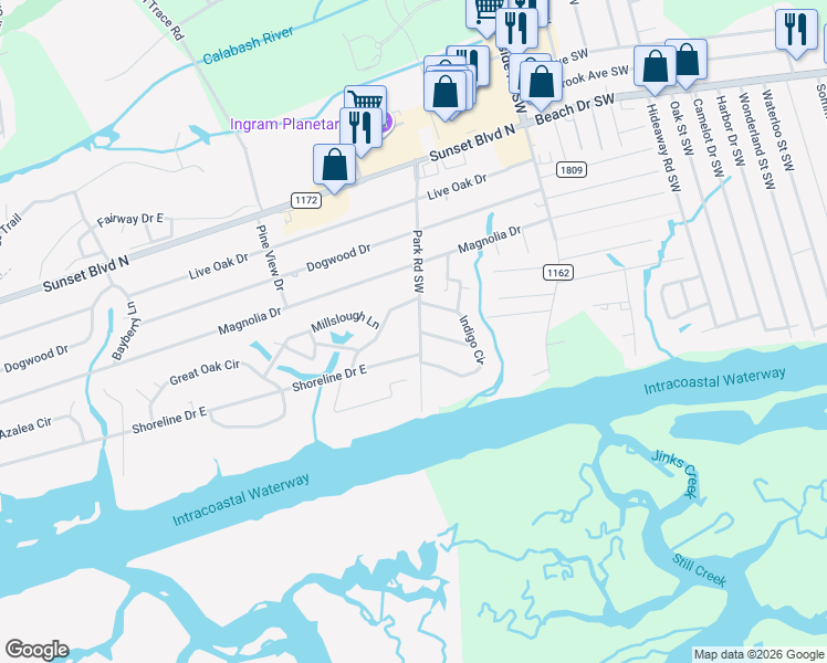 map of restaurants, bars, coffee shops, grocery stores, and more near 711 Shoreline Drive East in Sunset Beach