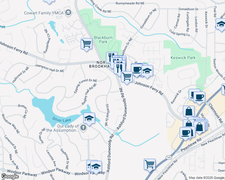map of restaurants, bars, coffee shops, grocery stores, and more near 1515 Kadleston Way Northeast in Atlanta