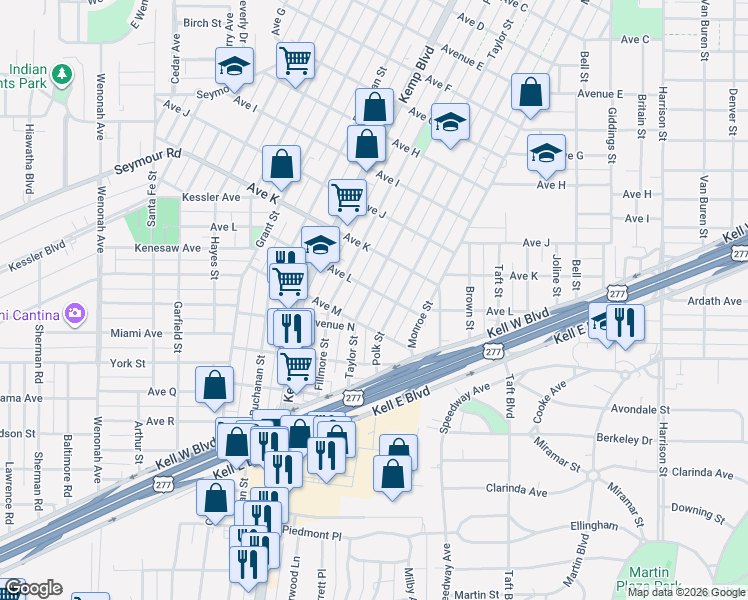 map of restaurants, bars, coffee shops, grocery stores, and more near 2306 Avenue M in Wichita Falls