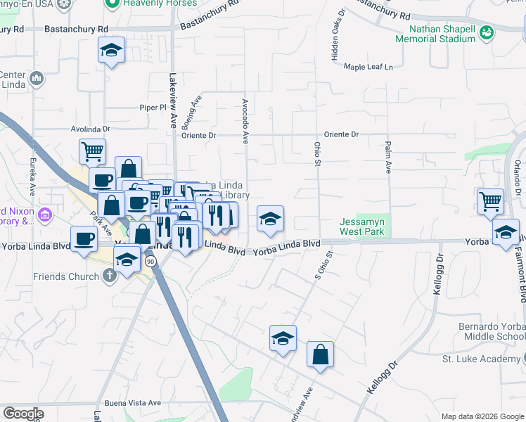 map of restaurants, bars, coffee shops, grocery stores, and more near 18802 Deville Drive in Yorba Linda