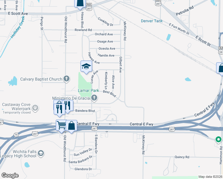 map of restaurants, bars, coffee shops, grocery stores, and more near 2228 Alice Avenue in Wichita Falls