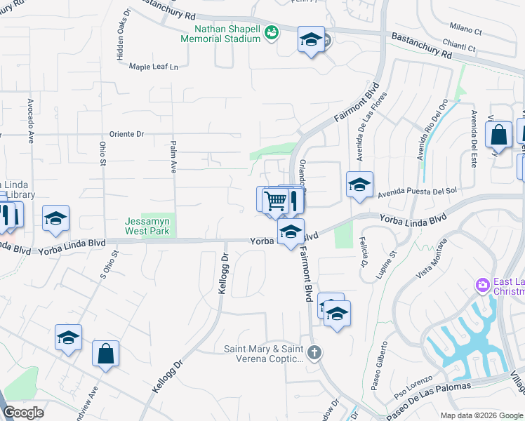 map of restaurants, bars, coffee shops, grocery stores, and more near 4846 Aliano Plaza in Yorba Linda