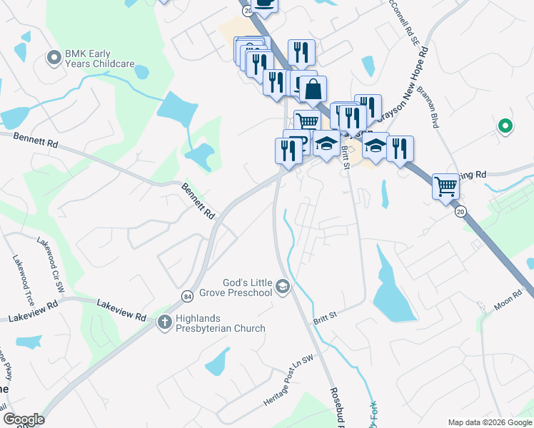 map of restaurants, bars, coffee shops, grocery stores, and more near 2139 Rosebud Road in Grayson
