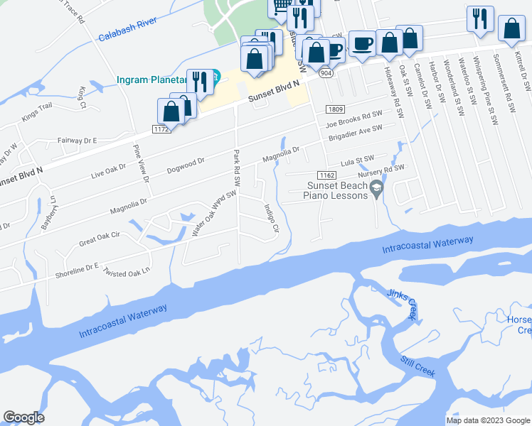 map of restaurants, bars, coffee shops, grocery stores, and more near 1120 Indigo Circle in Sunset Beach