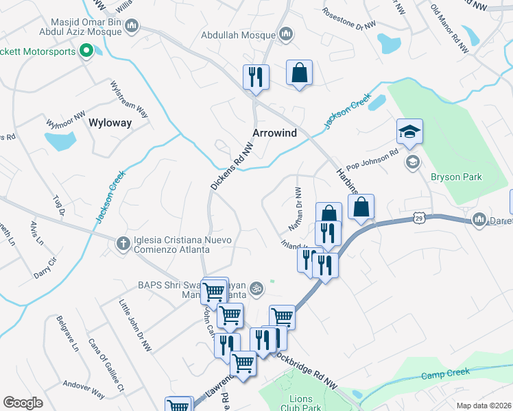 map of restaurants, bars, coffee shops, grocery stores, and more near 763 Inland Way Northwest in Lilburn