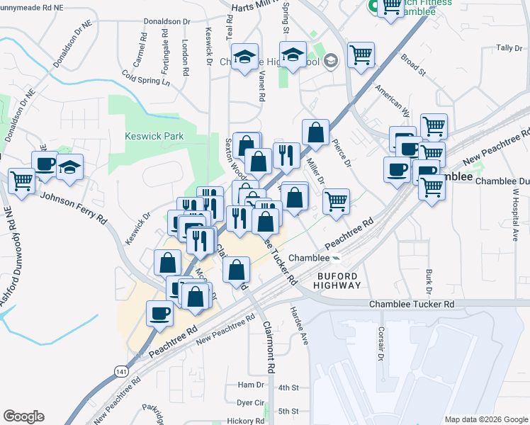 map of restaurants, bars, coffee shops, grocery stores, and more near 1851 Chamblee Tucker Road in Chamblee
