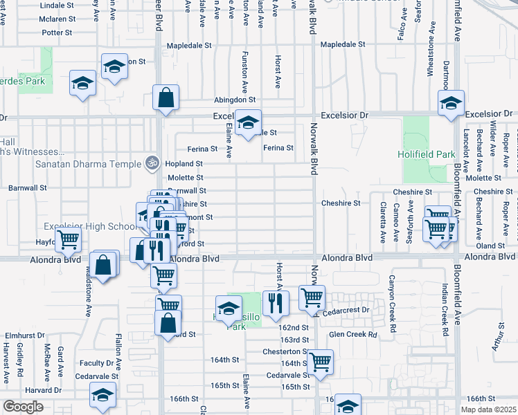 map of restaurants, bars, coffee shops, grocery stores, and more near 12038 Cheshire Street in Norwalk