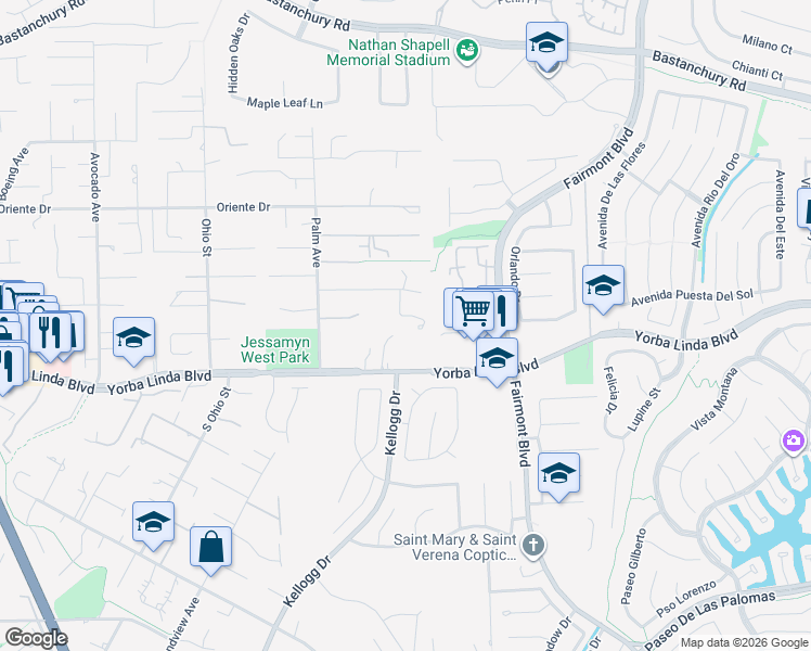 map of restaurants, bars, coffee shops, grocery stores, and more near Yorba Vista in Yorba Linda