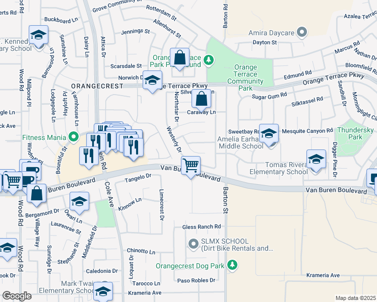 map of restaurants, bars, coffee shops, grocery stores, and more near 19921 Nipoma Court in Riverside