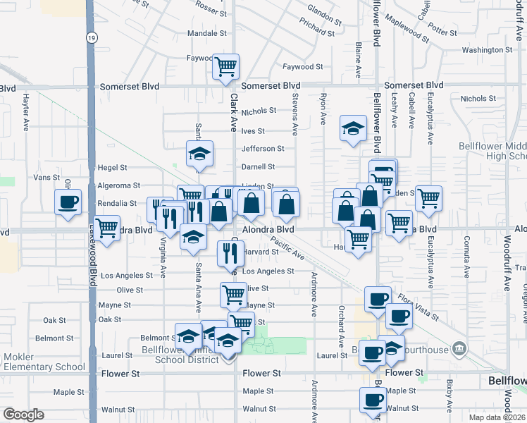 map of restaurants, bars, coffee shops, grocery stores, and more near 9463 Flora Vista Street in Bellflower
