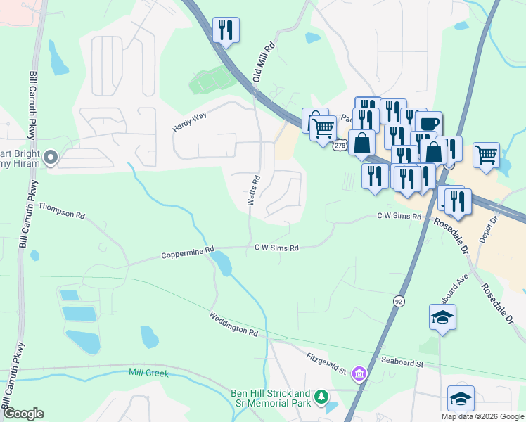 map of restaurants, bars, coffee shops, grocery stores, and more near 307 Venture Path in Hiram