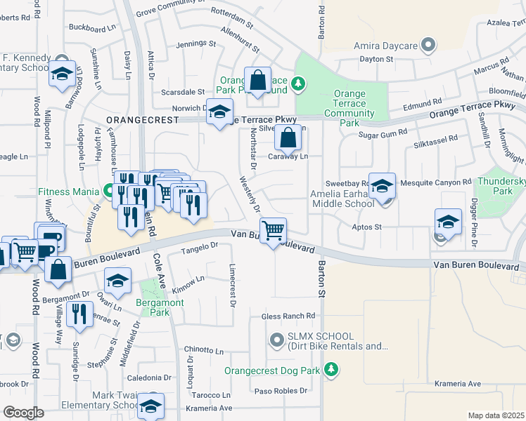 map of restaurants, bars, coffee shops, grocery stores, and more near 19912 Westerly Drive in Riverside