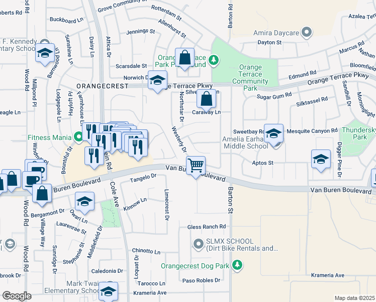 map of restaurants, bars, coffee shops, grocery stores, and more near 19797 Mount Wasatch Drive in Riverside
