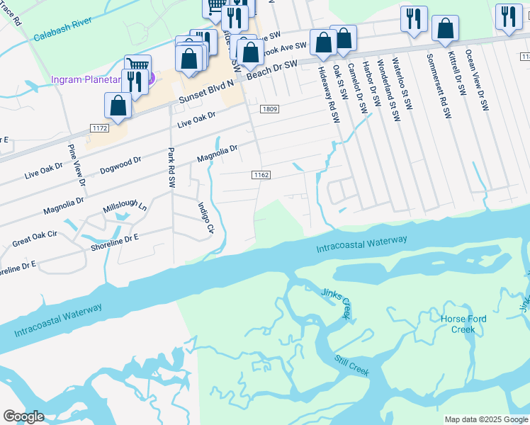 map of restaurants, bars, coffee shops, grocery stores, and more near 1901 Seaside Road Southwest in Ocean Isle Beach