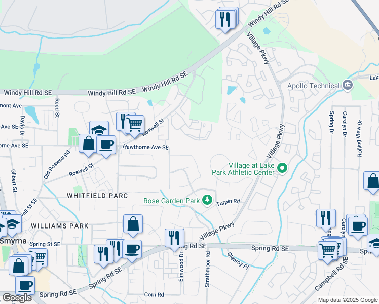 map of restaurants, bars, coffee shops, grocery stores, and more near 2565 Bates Street Southeast in Smyrna