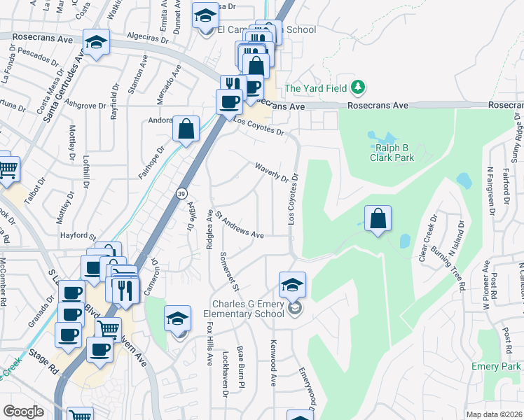 map of restaurants, bars, coffee shops, grocery stores, and more near 4840 Sunnybrook Avenue in Buena Park