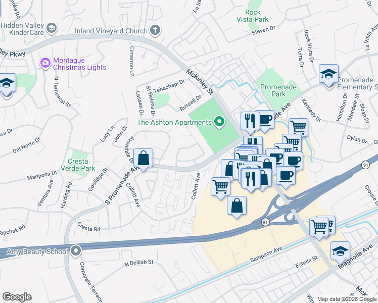 map of restaurants, bars, coffee shops, grocery stores, and more near 2156 Blazing Street in Corona