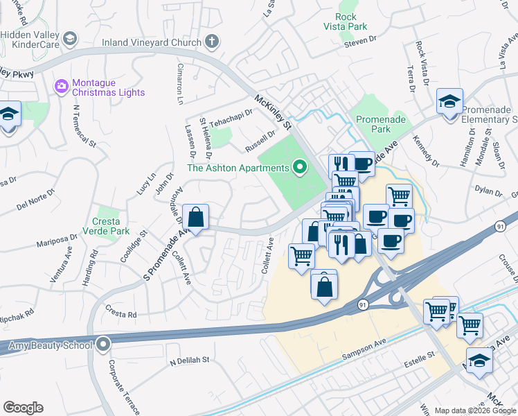 map of restaurants, bars, coffee shops, grocery stores, and more near 2156 Blazing Street in Corona