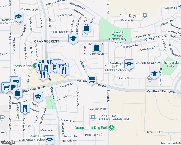 map of restaurants, bars, coffee shops, grocery stores, and more near 19954 Westerly Drive in Riverside