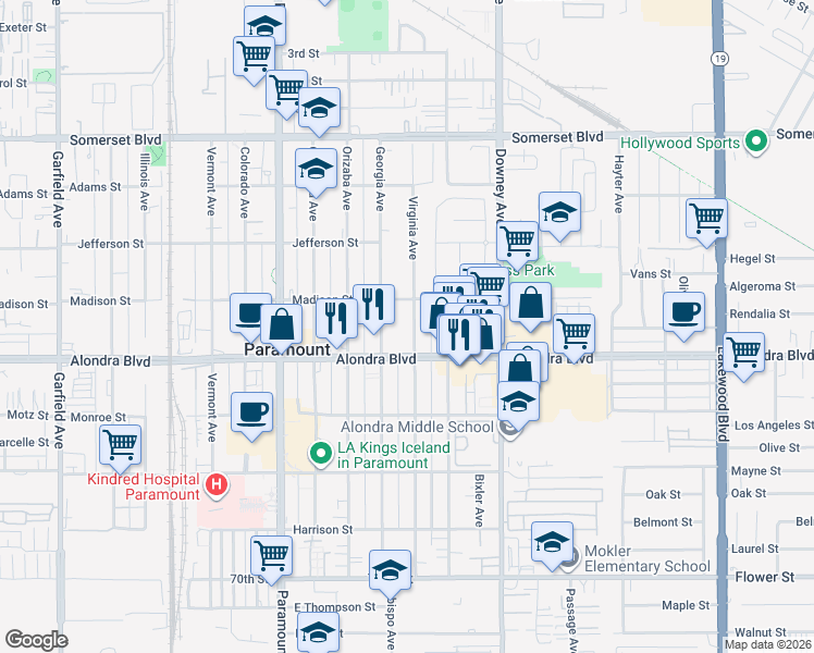 map of restaurants, bars, coffee shops, grocery stores, and more near 15727 Virginia Avenue in Paramount