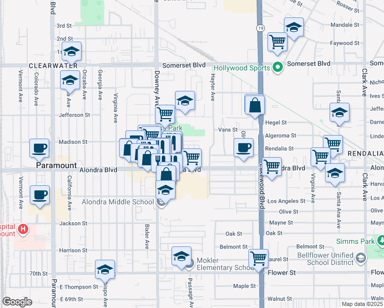 map of restaurants, bars, coffee shops, grocery stores, and more near 15821 Passage Avenue in Paramount