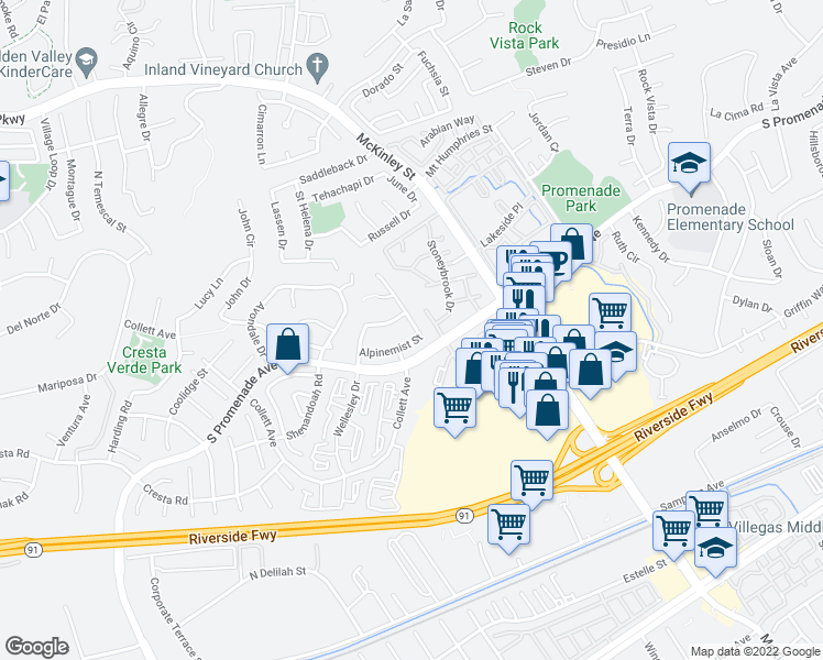 map of restaurants, bars, coffee shops, grocery stores, and more near 2173 Alpinemist Street in Corona