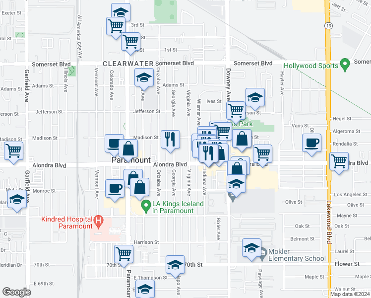 map of restaurants, bars, coffee shops, grocery stores, and more near 15727 Virginia Avenue in Paramount