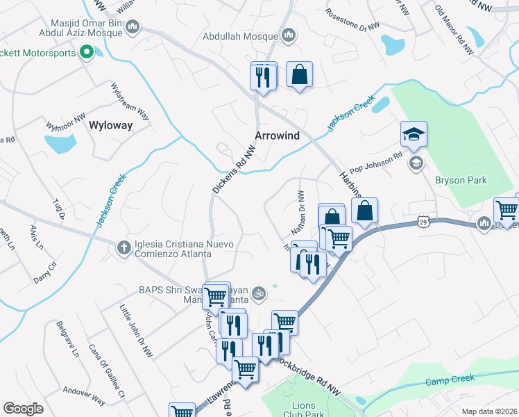 map of restaurants, bars, coffee shops, grocery stores, and more near 763 Inland Way Northwest in Lilburn