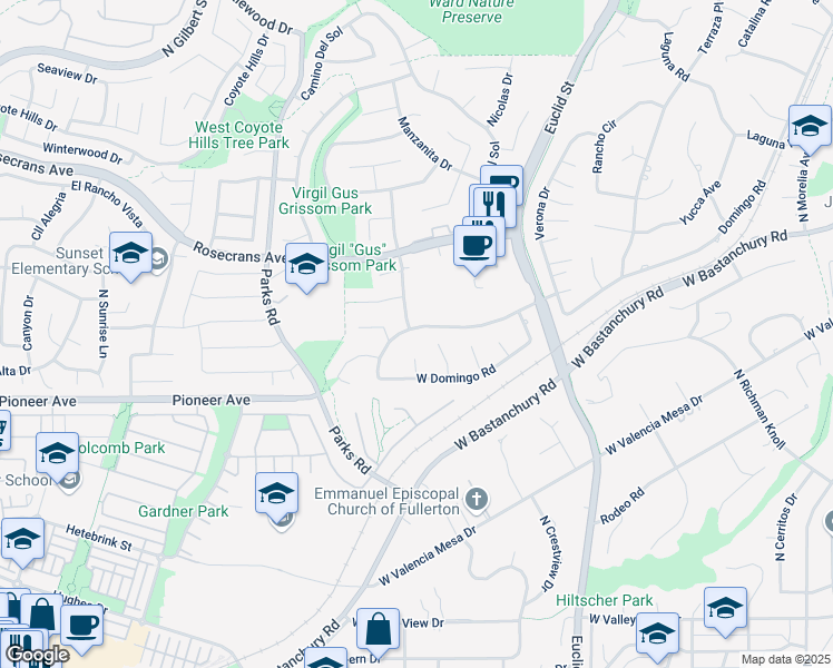 map of restaurants, bars, coffee shops, grocery stores, and more near 1708 Camino La Vista in Fullerton