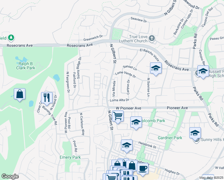 map of restaurants, bars, coffee shops, grocery stores, and more near 1641 Vía Mirada in Fullerton