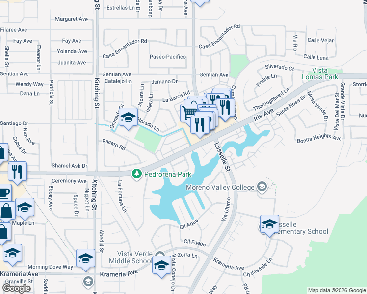 map of restaurants, bars, coffee shops, grocery stores, and more near 25810 Iris Avenue in Moreno Valley