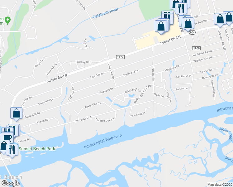 map of restaurants, bars, coffee shops, grocery stores, and more near 611 Millslough Lane in Sunset Beach