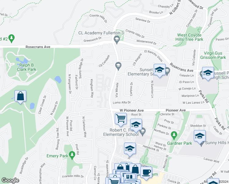 map of restaurants, bars, coffee shops, grocery stores, and more near 1641 Vía Mirada in Fullerton