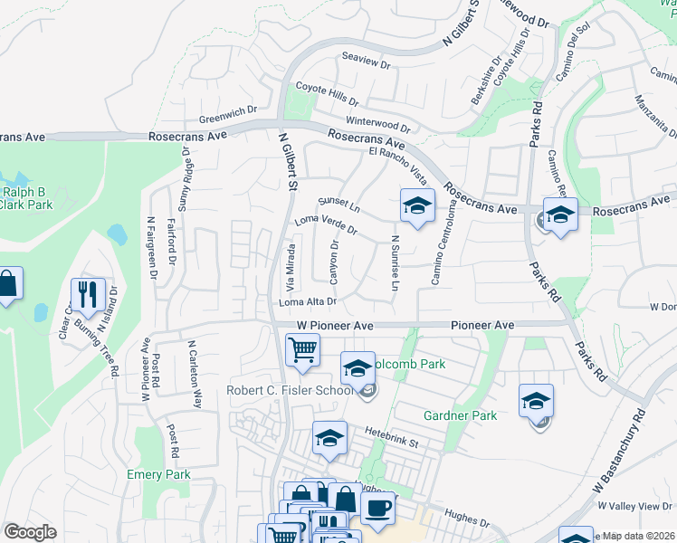 map of restaurants, bars, coffee shops, grocery stores, and more near 1632 Canyon Drive in Fullerton