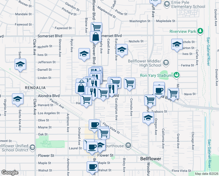 map of restaurants, bars, coffee shops, grocery stores, and more near 9863 Alondra Boulevard in Bellflower