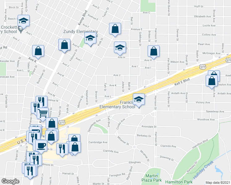 map of restaurants, bars, coffee shops, grocery stores, and more near 2111 Jones Street in Wichita Falls
