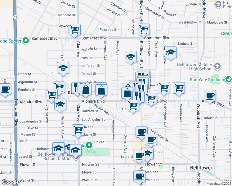 map of restaurants, bars, coffee shops, grocery stores, and more near 15716 Stevens Avenue in Bellflower