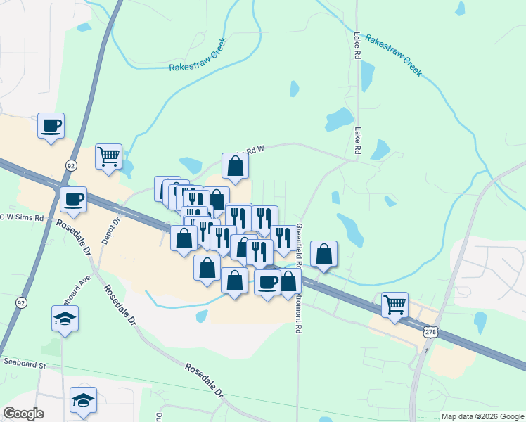 map of restaurants, bars, coffee shops, grocery stores, and more near 149 Greenfield Road in Hiram