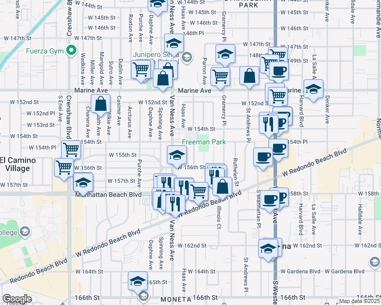 map of restaurants, bars, coffee shops, grocery stores, and more near 15419 Cimarron Avenue in Gardena