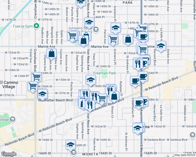 map of restaurants, bars, coffee shops, grocery stores, and more near 15419 Cimarron Avenue in Gardena