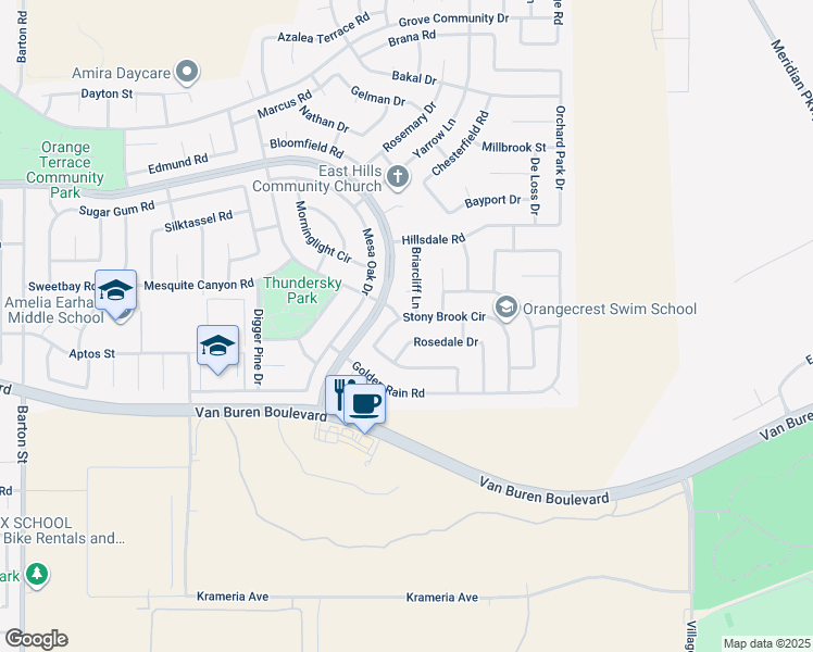 map of restaurants, bars, coffee shops, grocery stores, and more near 20681 Stony Brook Circle in Riverside