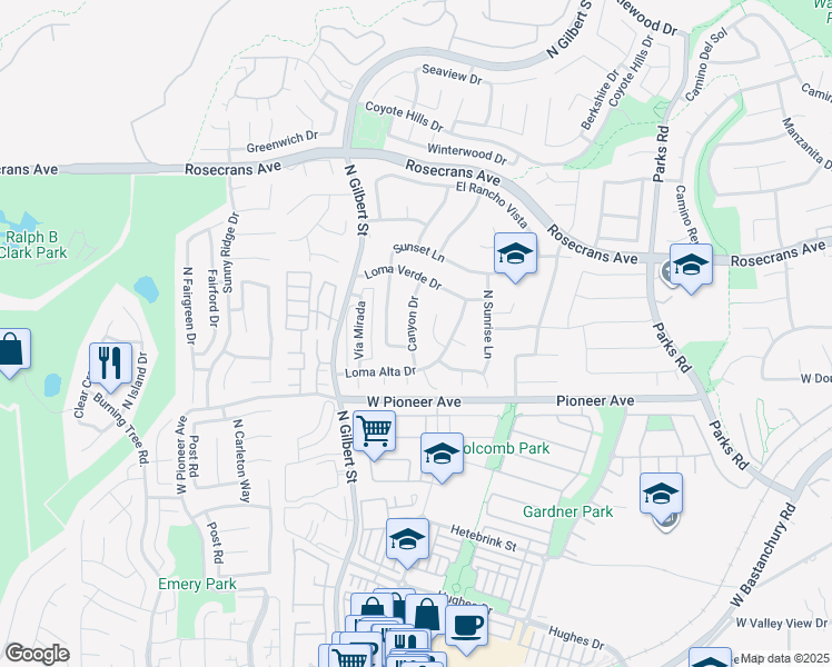 map of restaurants, bars, coffee shops, grocery stores, and more near 1632 Canyon Drive in Fullerton