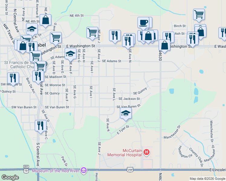 map of restaurants, bars, coffee shops, grocery stores, and more near 506 Southeast K Avenue in Idabel