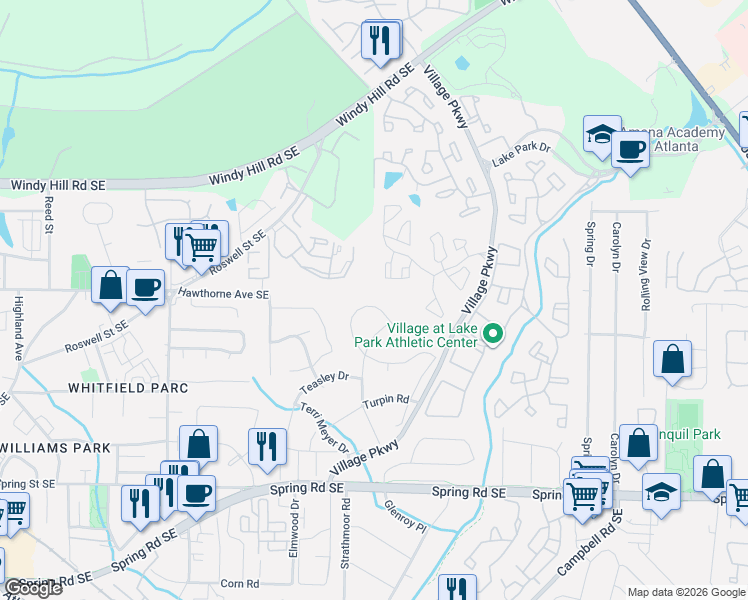 map of restaurants, bars, coffee shops, grocery stores, and more near 2800 Woodlands Drive Southeast in Smyrna